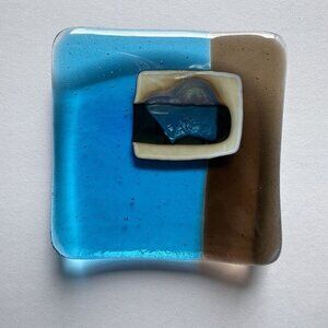 Kathy Burk‎ Art Glass Dish 3.5 Inch Blue Brown Montana Handmade Fused Signed